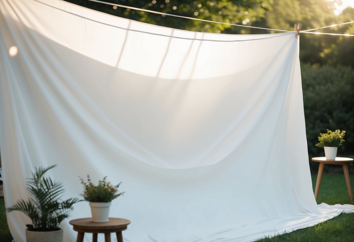 A large white sheet is draped over a clothesline, with soft sunlight filtering through the fabric. A few potted plants and a small wooden table are arranged in front of the backdrop