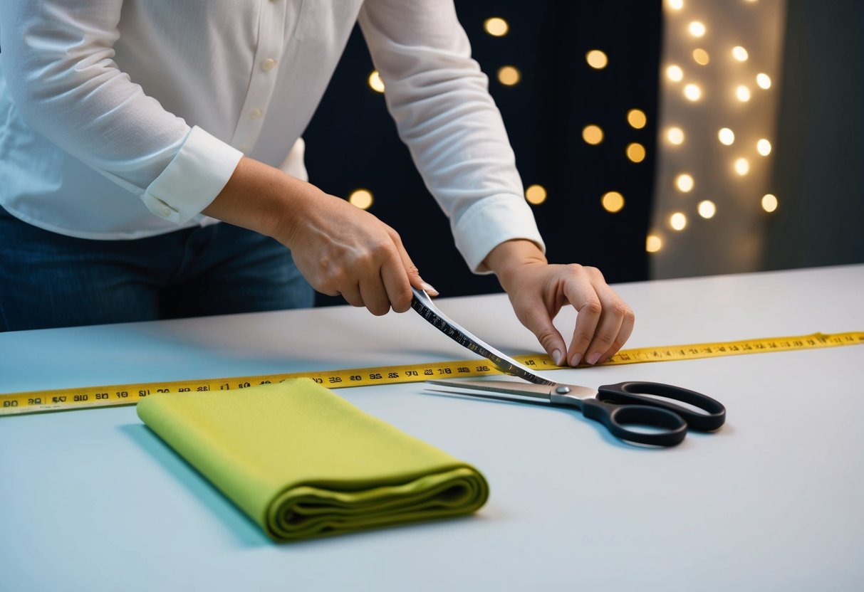 A person measures and cuts fabric for a backdrop, with a tape measure and scissors on a flat surface