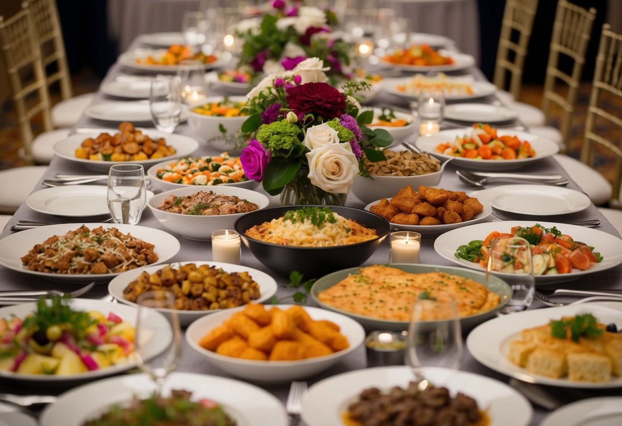 A banquet table overflowing with a variety of dishes, from appetizers to desserts, surrounded by elegant place settings and floral centerpieces
