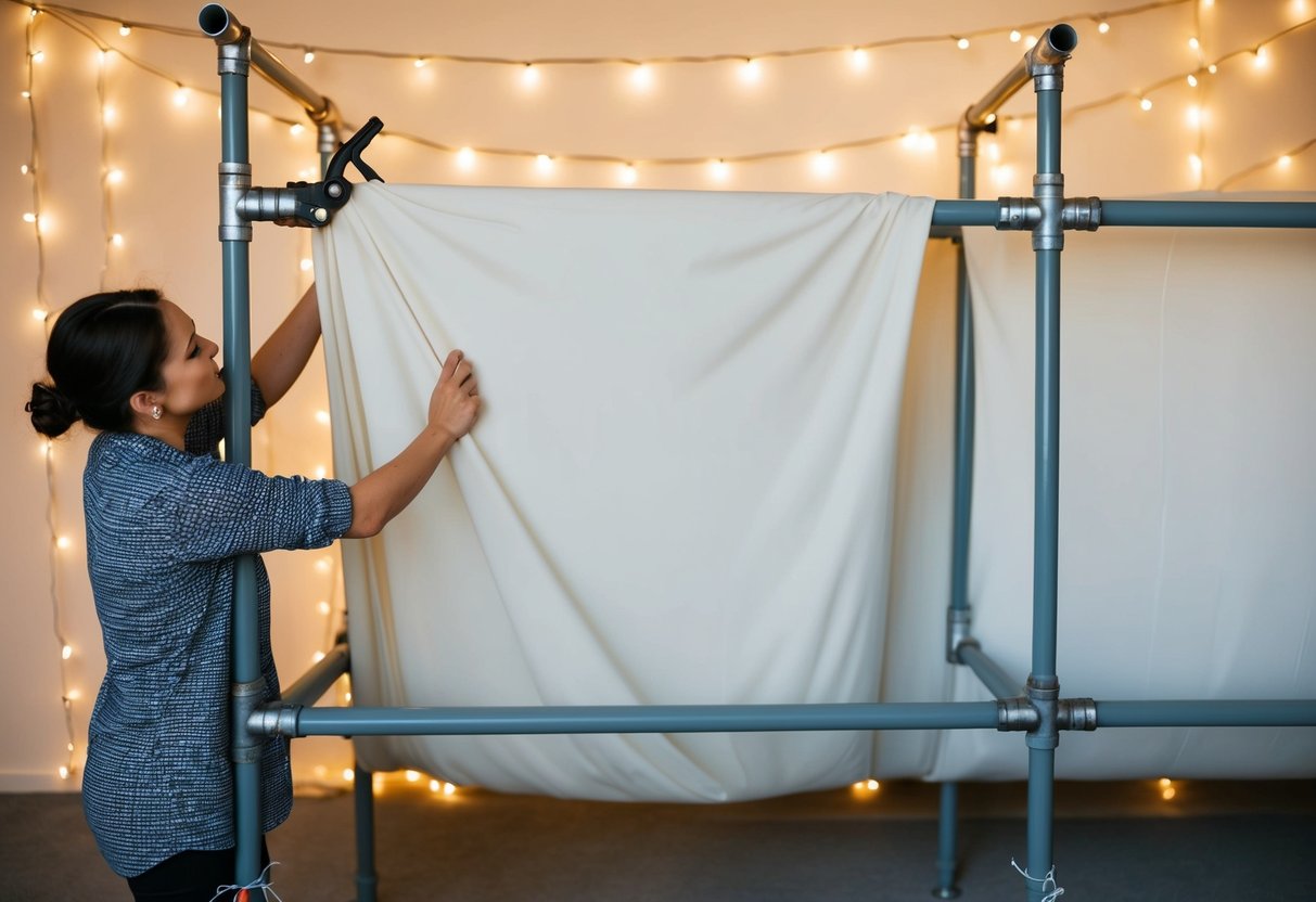 A person drapes a large sheet over a sturdy frame made of PVC pipes, securing it with clamps. Fairy lights are hung behind the sheet for a soft, warm glow