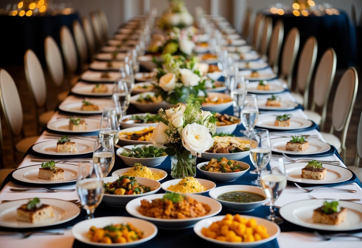 A long banquet table filled with a variety of dishes in varying portion sizes, surrounded by elegant place settings and floral centerpieces