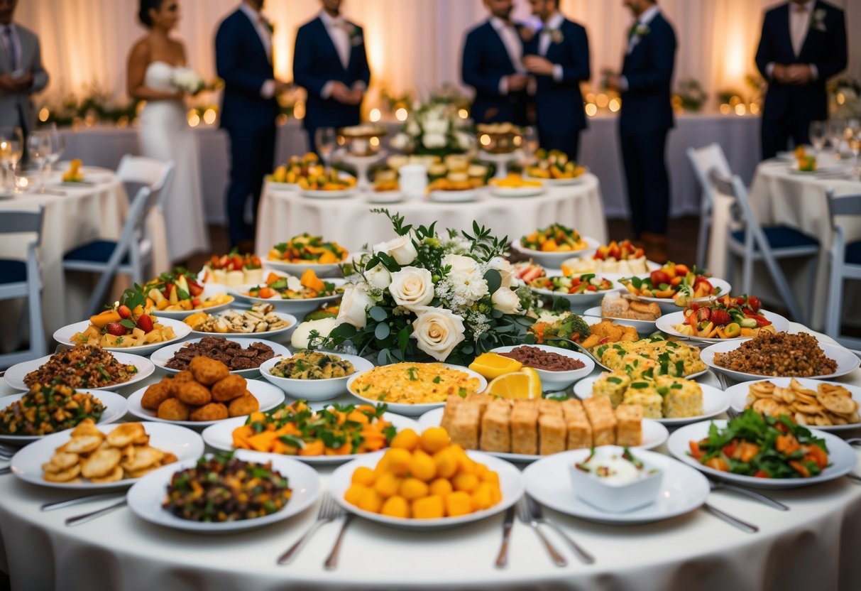 A table overflowing with an array of delectable dishes, from appetizers to desserts, all elegantly arranged and ready to be served at a wedding reception