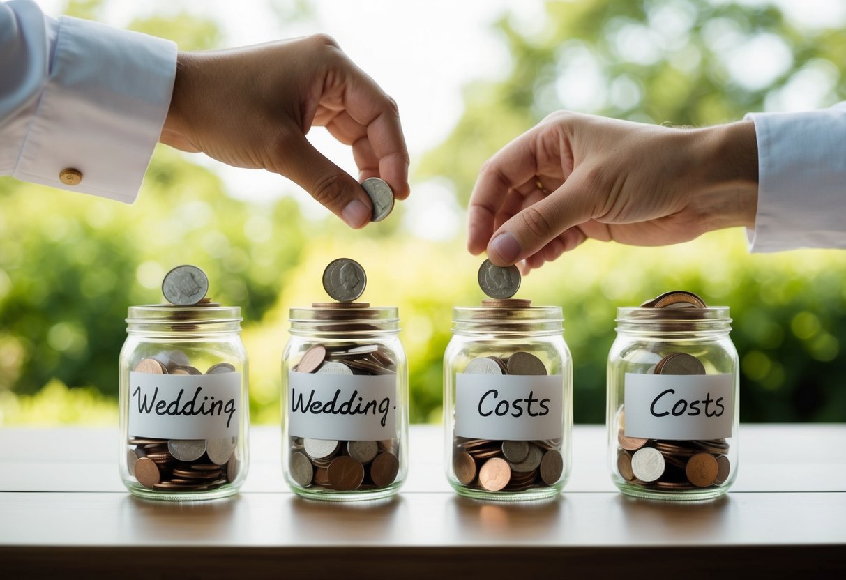 A couple divides wedding expenses by placing coins into separate jars labeled with different wedding costs