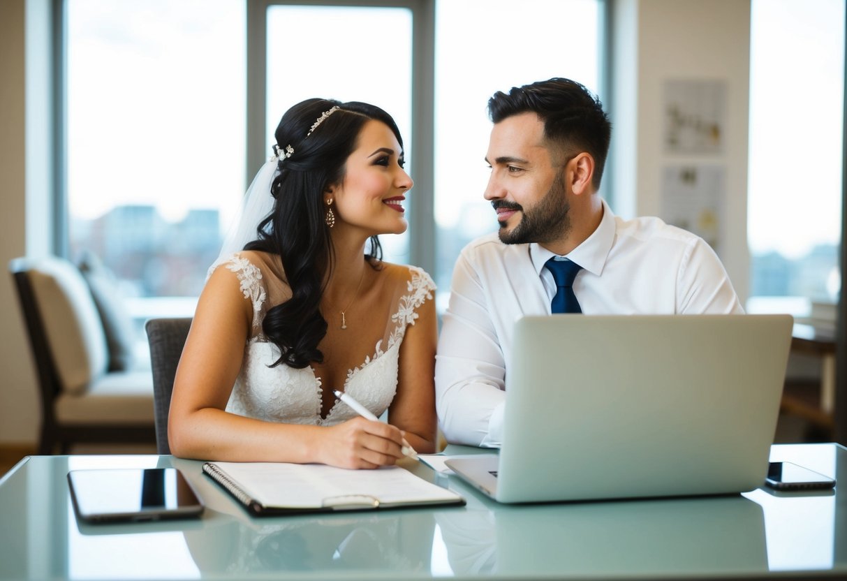 A couple sits at a desk with a laptop, discussing wedding plans. A calendar and a pen are on the desk. A phone is nearby
