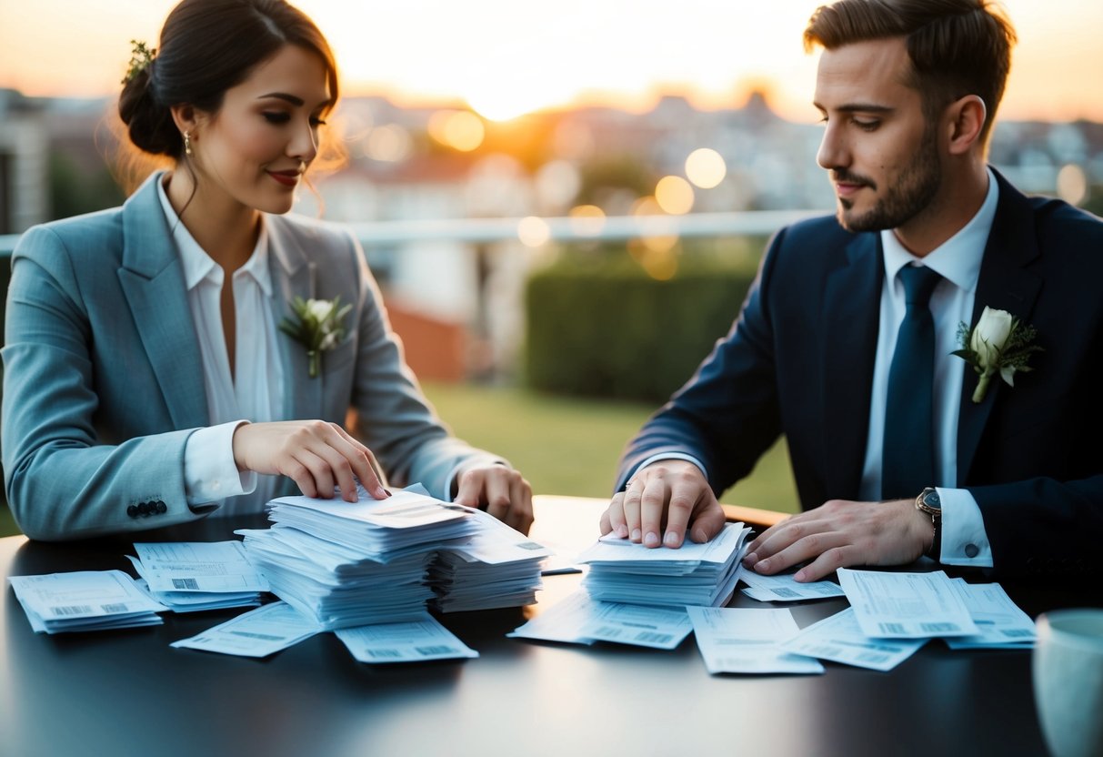 A couple sits at a table, dividing expenses for pre-wedding events. A stack of bills and receipts is spread out between them, as they discuss and allocate costs