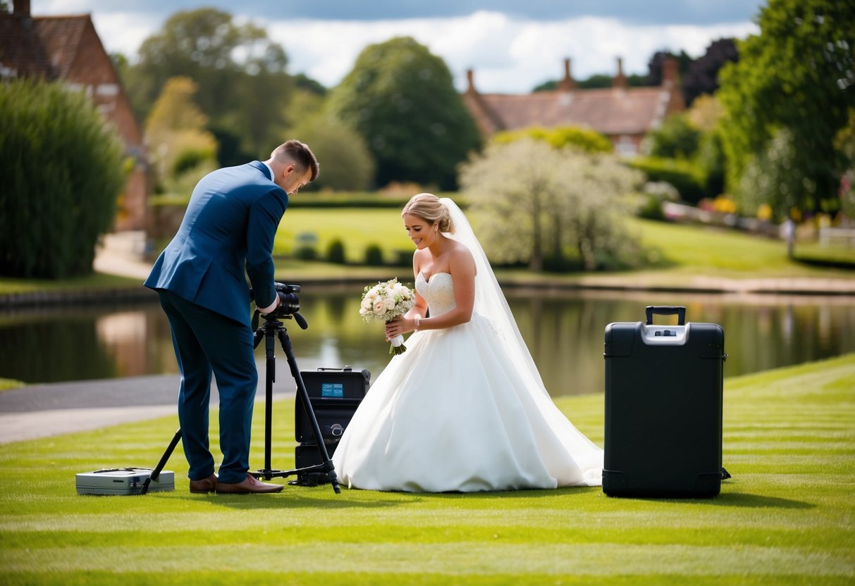 A wedding photographer setting up equipment at a picturesque outdoor venue in the UK