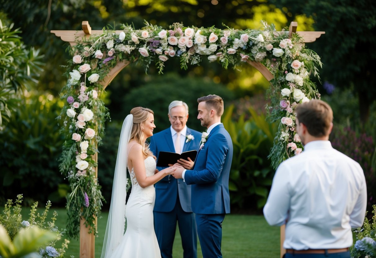 A bride and groom stand in a lush garden, exchanging vows under a floral arch. A professional photographer captures the moment from a distance, framing the couple against the natural backdrop