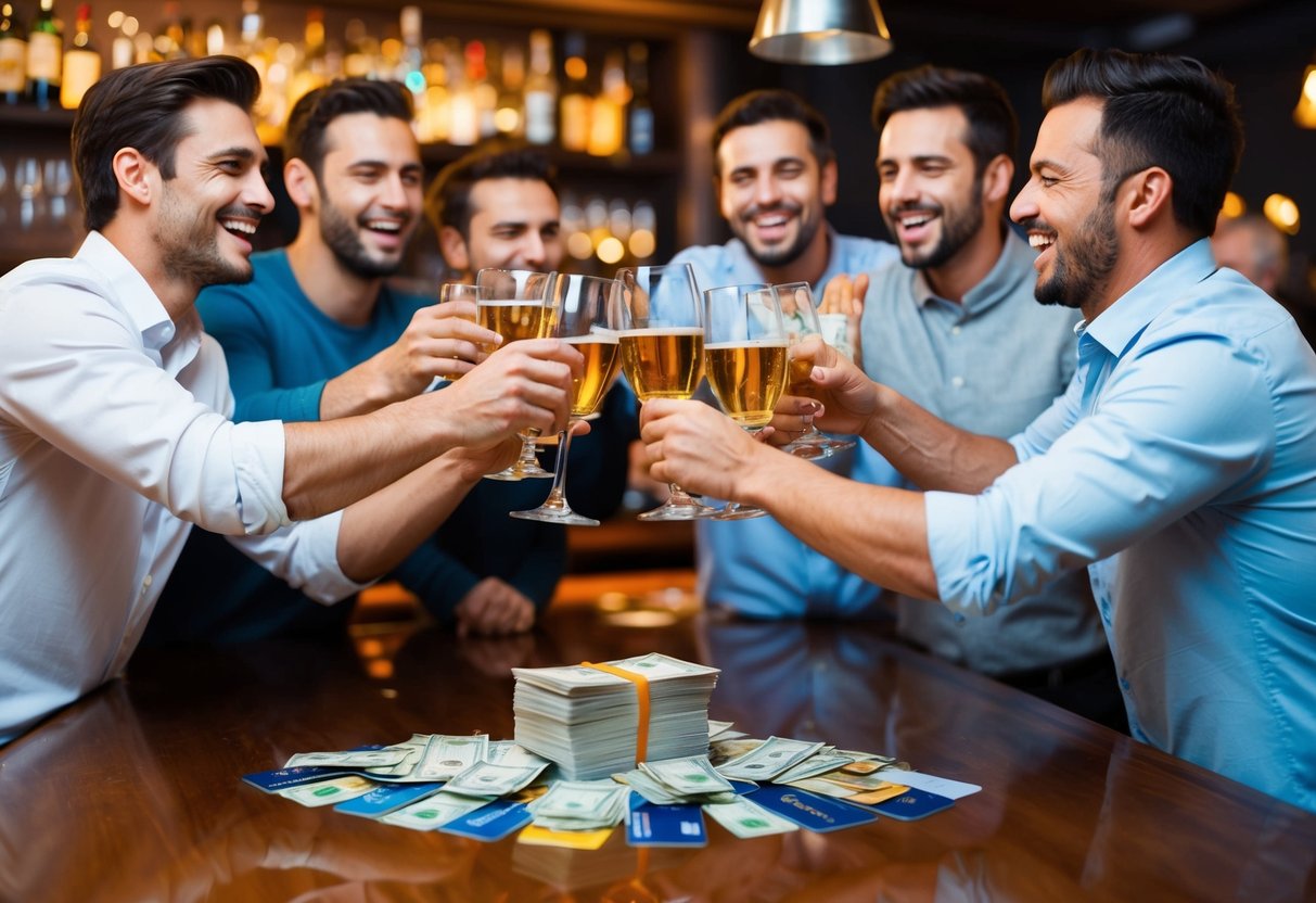 A group of men celebrating at a lively bar, clinking glasses and laughing, with a stack of cash and credit cards on the table