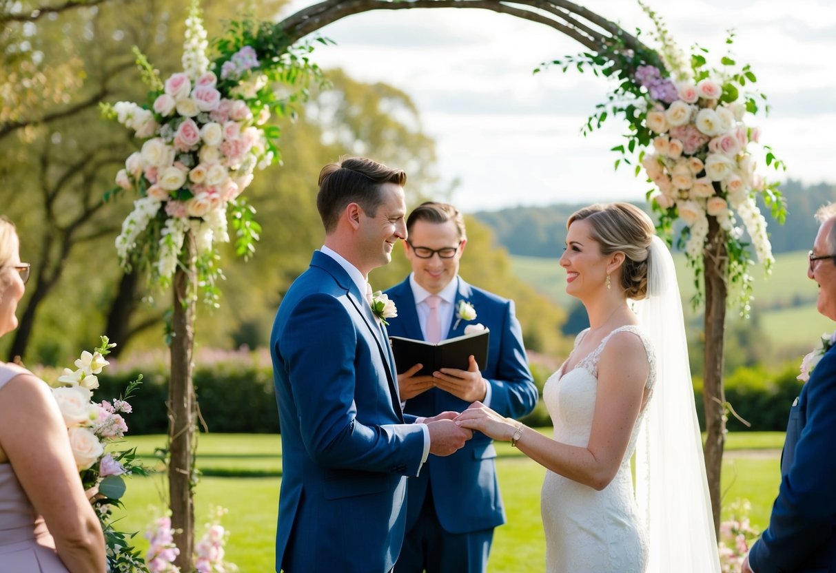 A wedding photographer capturing a couple exchanging vows in a picturesque outdoor setting, surrounded by blooming flowers and a serene landscape