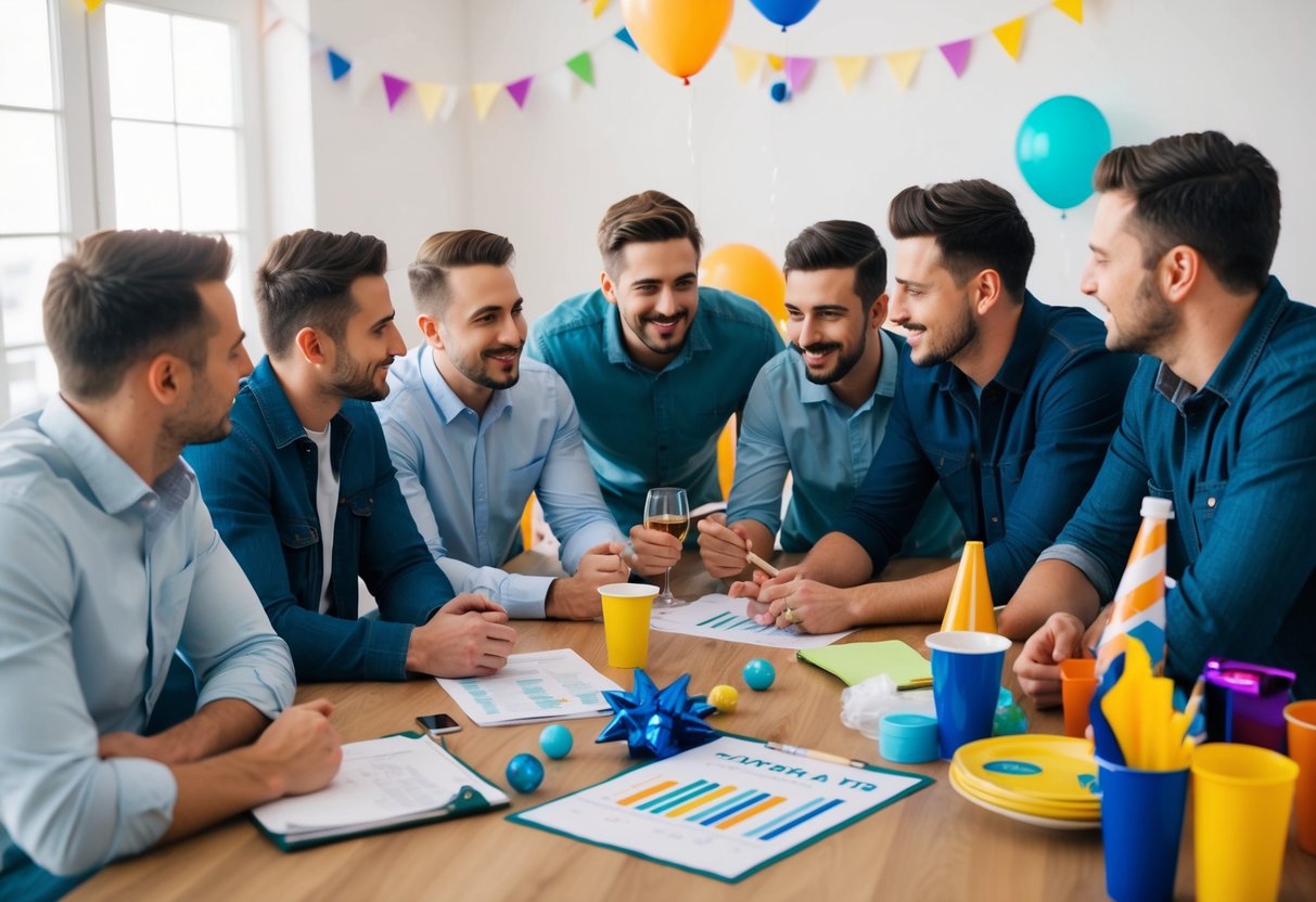 A group of friends gathered around a table, discussing and planning for a bachelor party. A budget spreadsheet and various party supplies are scattered across the table