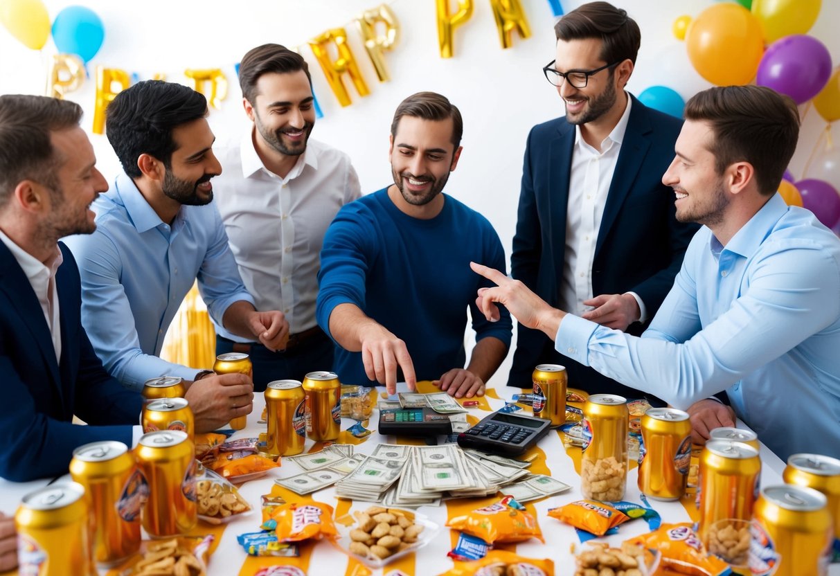 A group of men gathered around a table covered in beer cans, snacks, and party decorations. A stack of cash and a calculator sit in the middle, with one man gesturing at the total