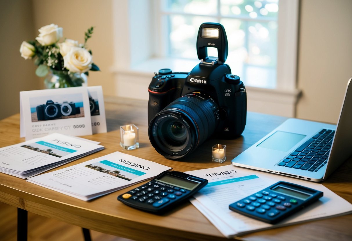 A wedding photographer's camera and equipment set up on a table, surrounded by pricing brochures, a laptop, and a calculator