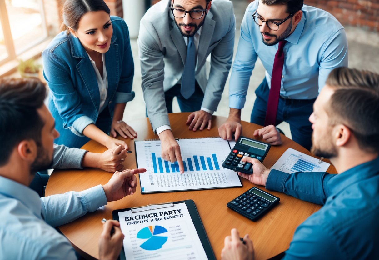 A group of friends gathered around a table, discussing and planning a bachelor party budget. A spreadsheet and calculator are visible, as they debate how much is reasonable to spend