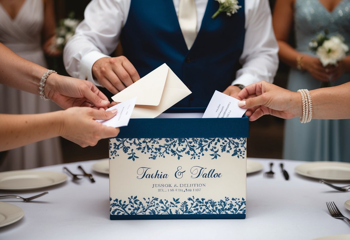 Guests place envelopes and cards into a decorative box at a wedding reception. The box is adorned with the couple's names and wedding date