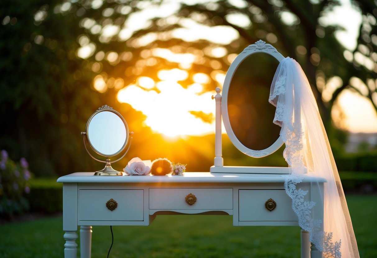 The sun rises over a serene garden, casting a soft glow on a vanity table with a mirror, hair accessories, and a delicate lace veil