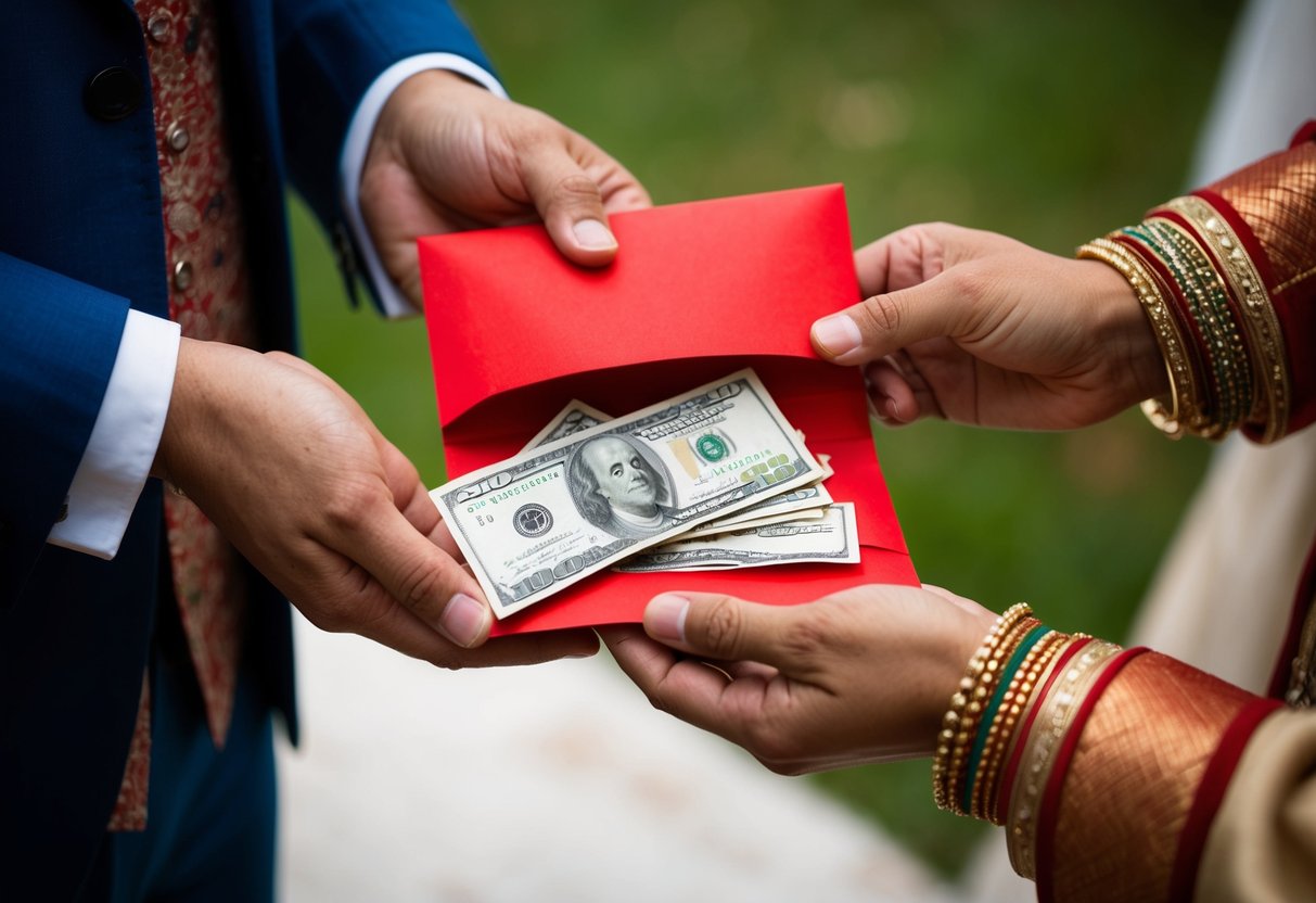 A pair of hands holding a red envelope filled with money, presented as a traditional gift from the groom's parents