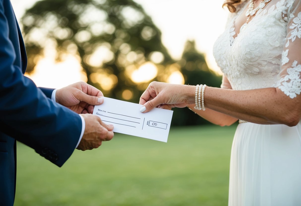 A groom's parents handing over a check or envelope to the couple, symbolizing their financial contribution to the wedding