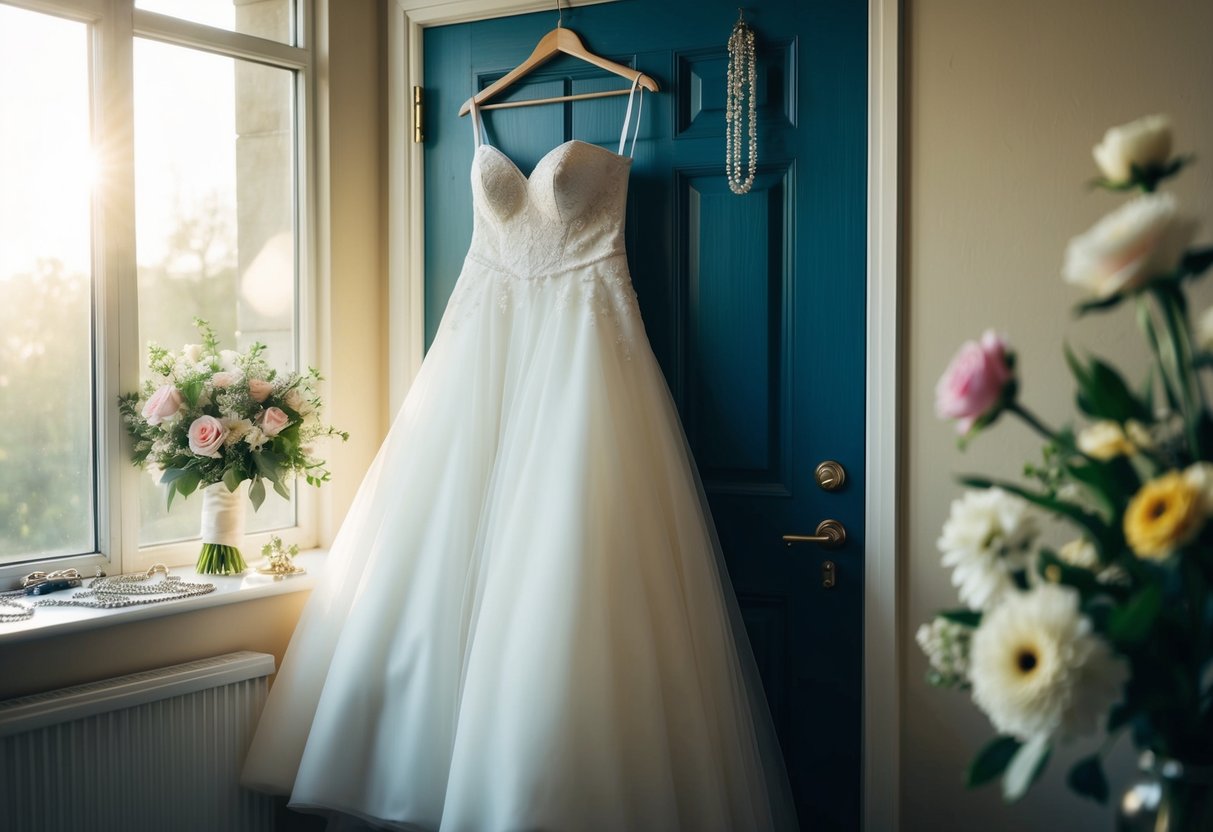 A bridal gown hanging on a door, surrounded by scattered jewelry and a bouquet of flowers, as the morning light streams through the window