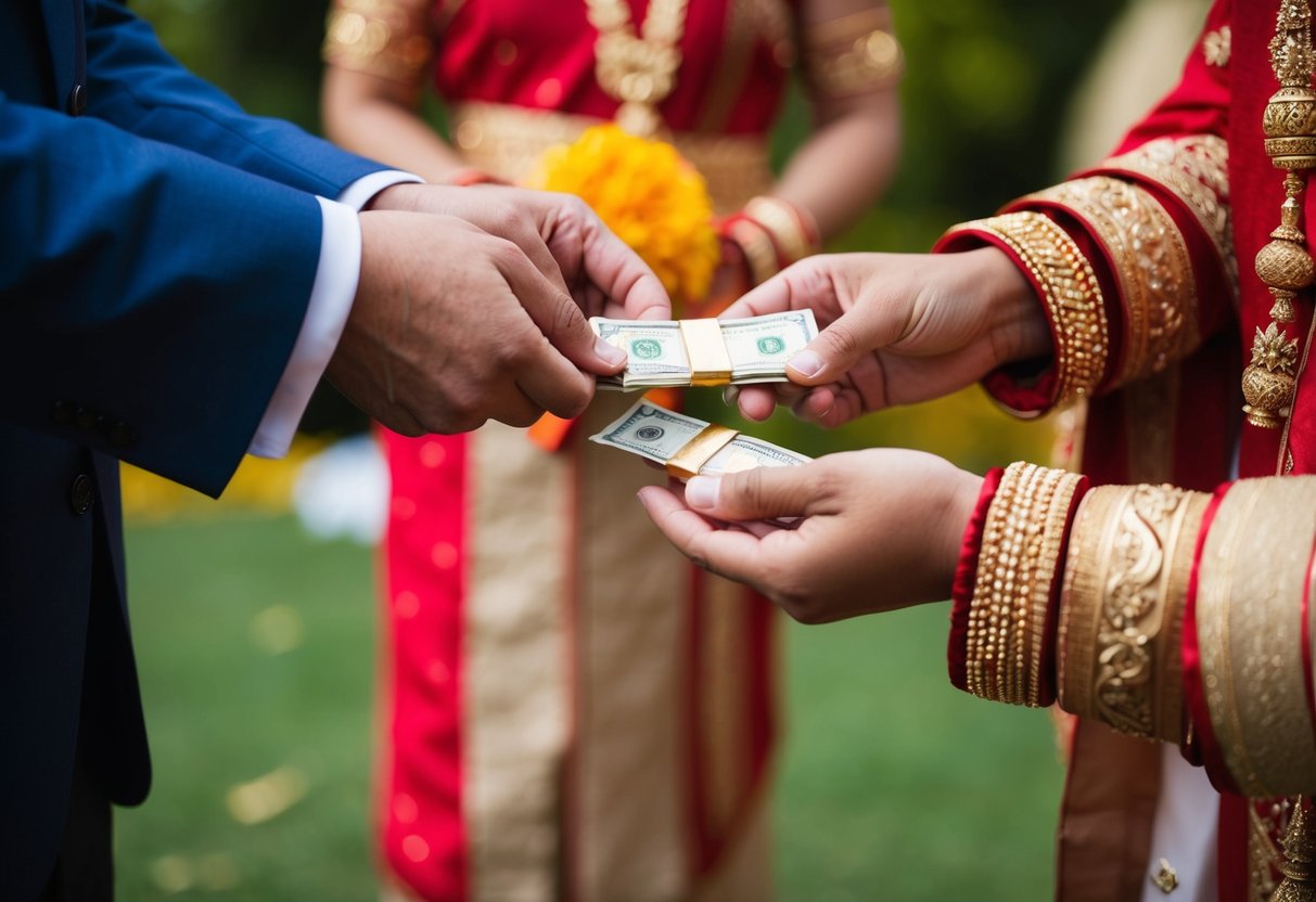 A couple exchanging gifts of money in a traditional ceremony