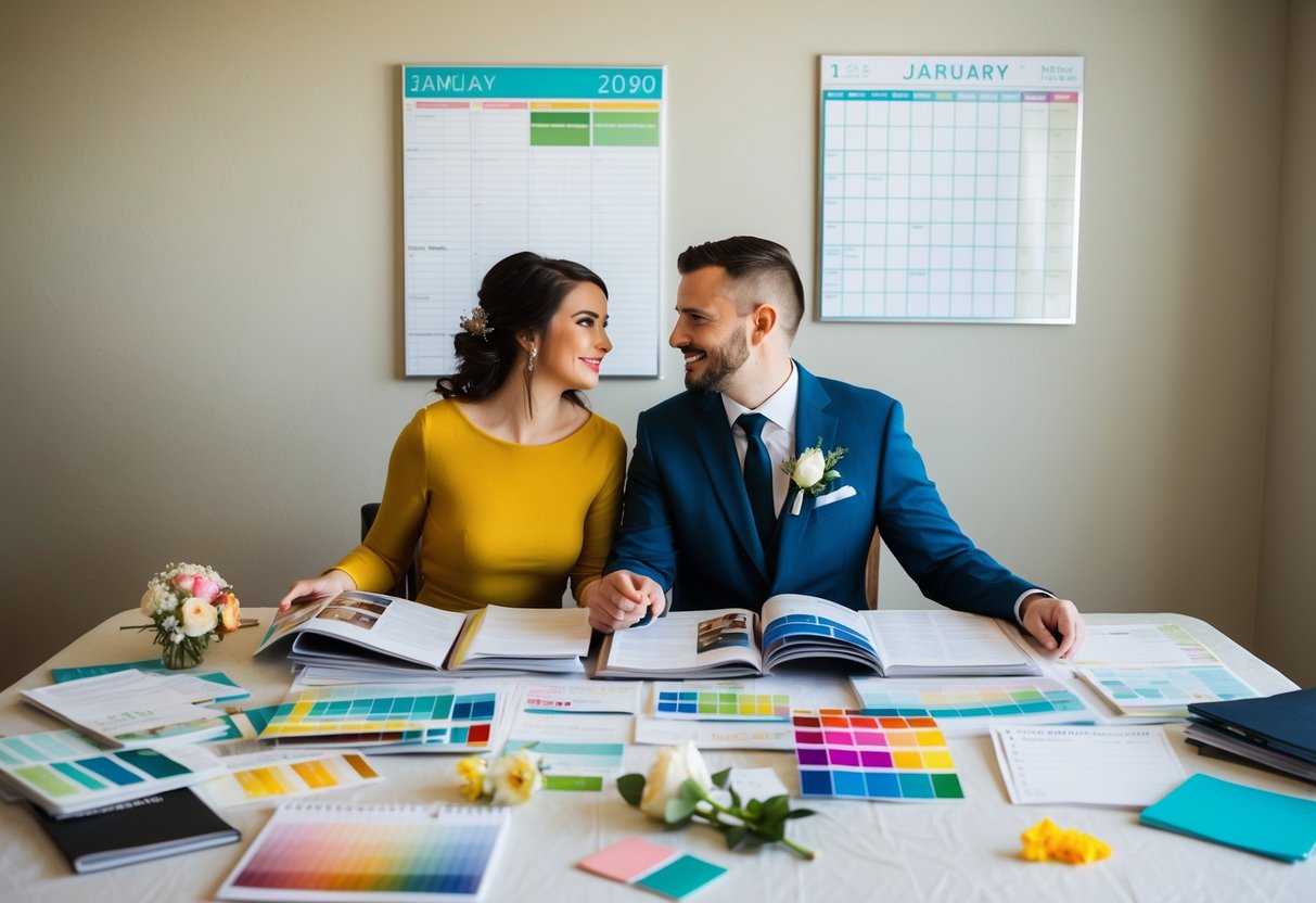 A couple sits at a table covered in wedding magazines and spreadsheets, surrounded by color swatches and flower samples. A calendar on the wall is marked with dates and deadlines