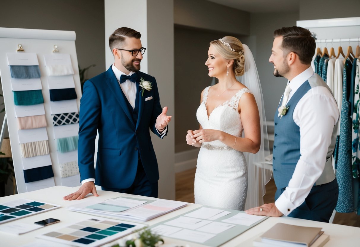 A bride and groom discussing wedding elements with a planner, surrounded by mood boards and fabric swatches