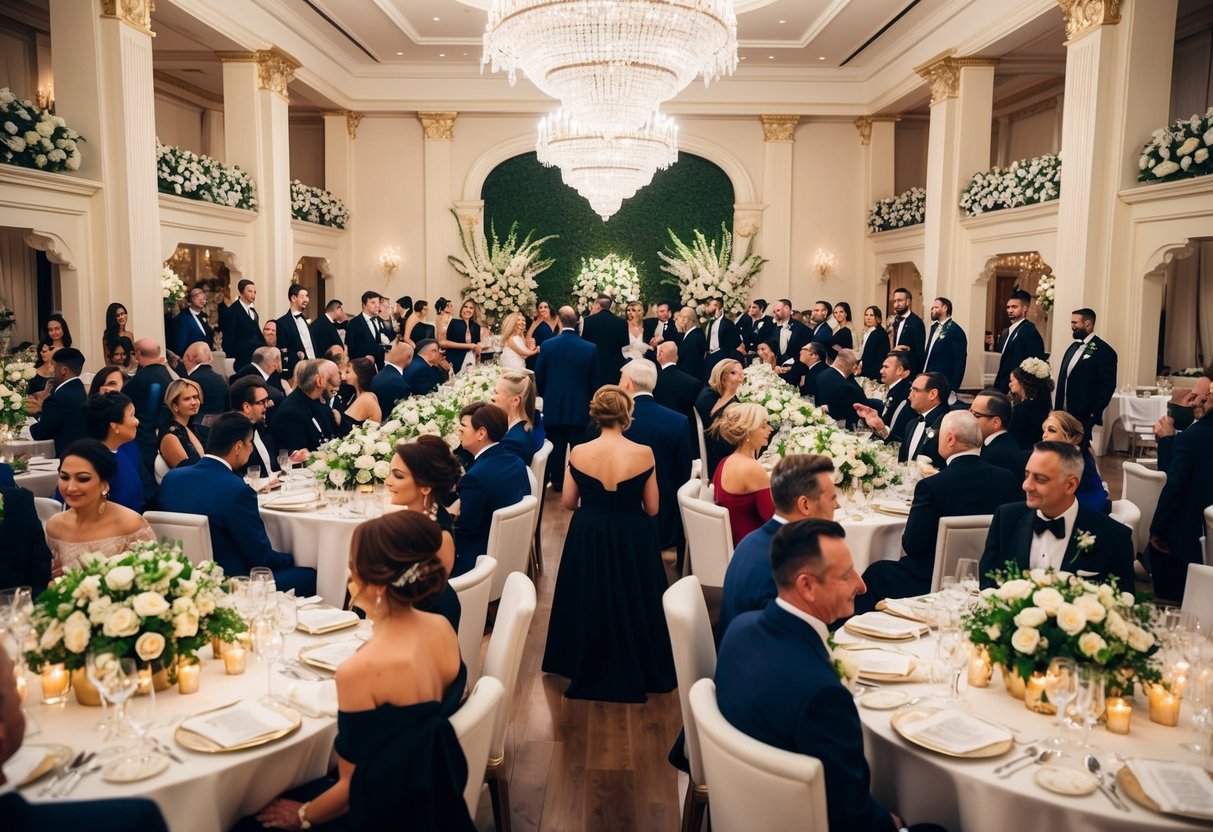 A lavish wedding with opulent decorations and a grand venue filled with elegant guests in formal attire