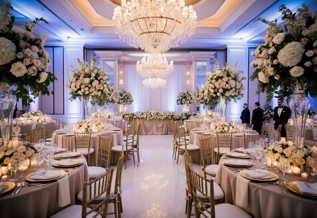 A lavish wedding reception with opulent decor, extravagant floral arrangements, and luxurious table settings