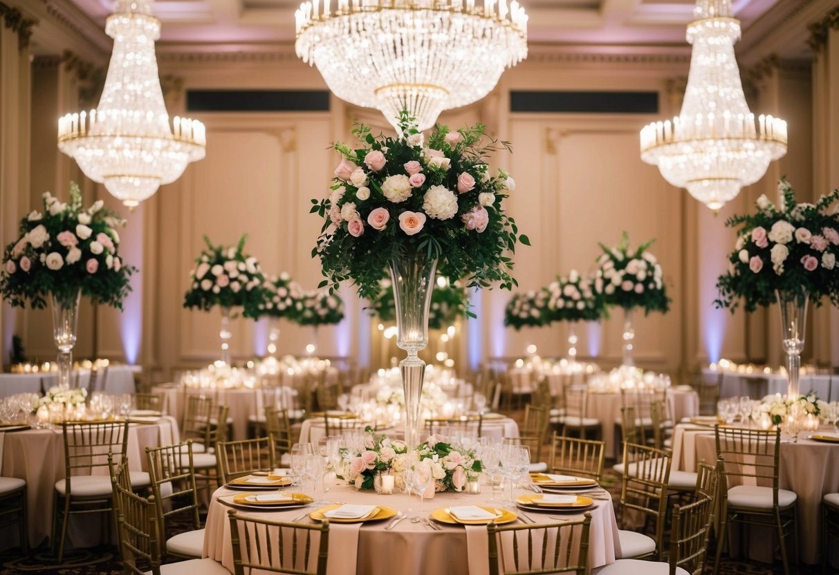 A grand ballroom with towering floral centerpieces, sparkling chandeliers, and a lavish banquet table adorned with gold-trimmed place settings