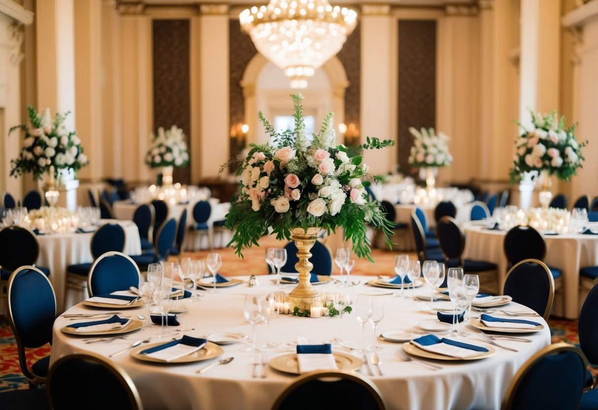A grand ballroom with elegant decorations and a lavish floral centerpiece on a banquet table