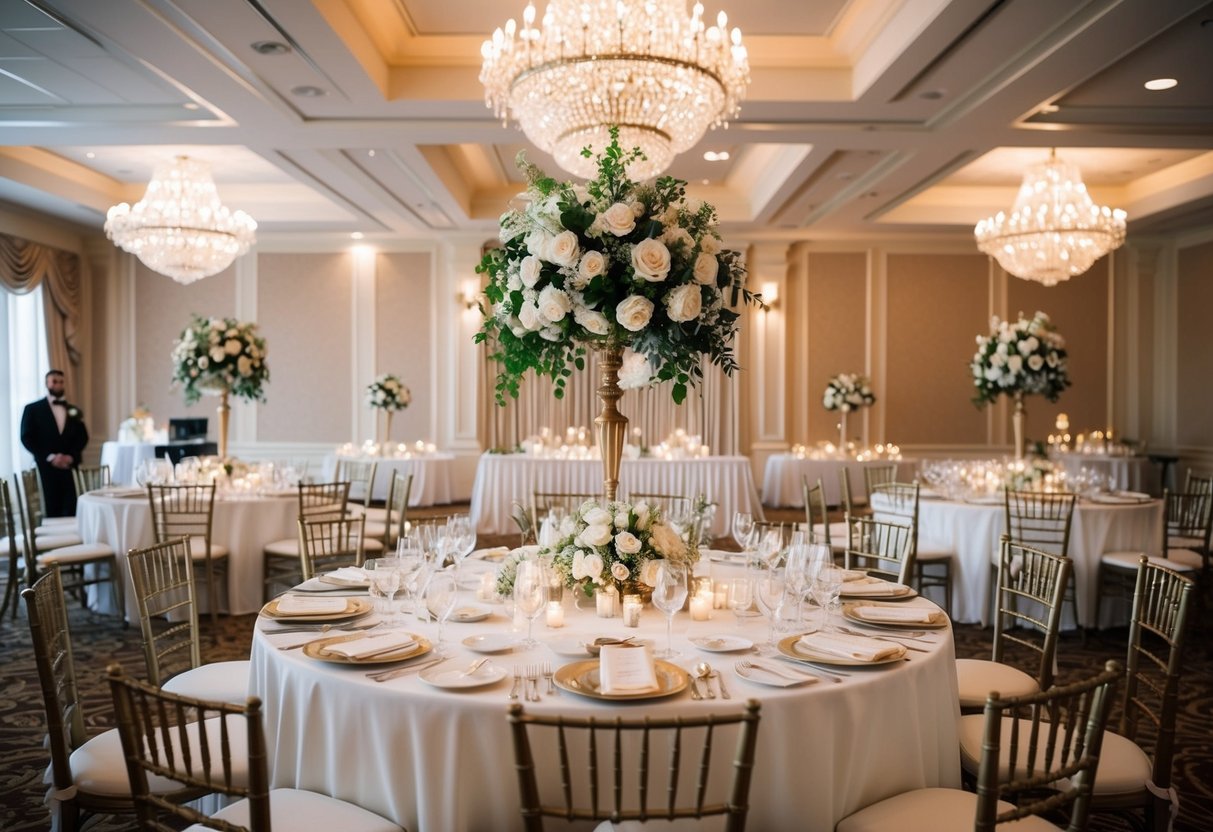 A lavish wedding venue with elegant decorations and a grand banquet table