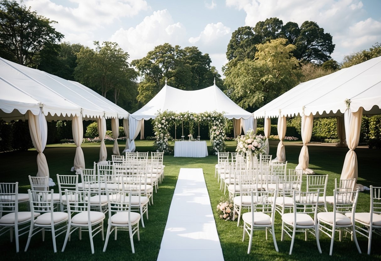 A spacious outdoor garden with a large white tent, rows of elegant chairs, and a beautifully decorated altar for a wedding ceremony