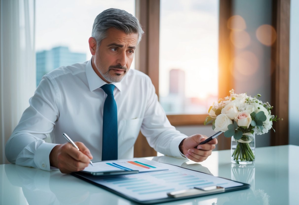 A father calculating wedding expenses with a budget spreadsheet and a worried expression