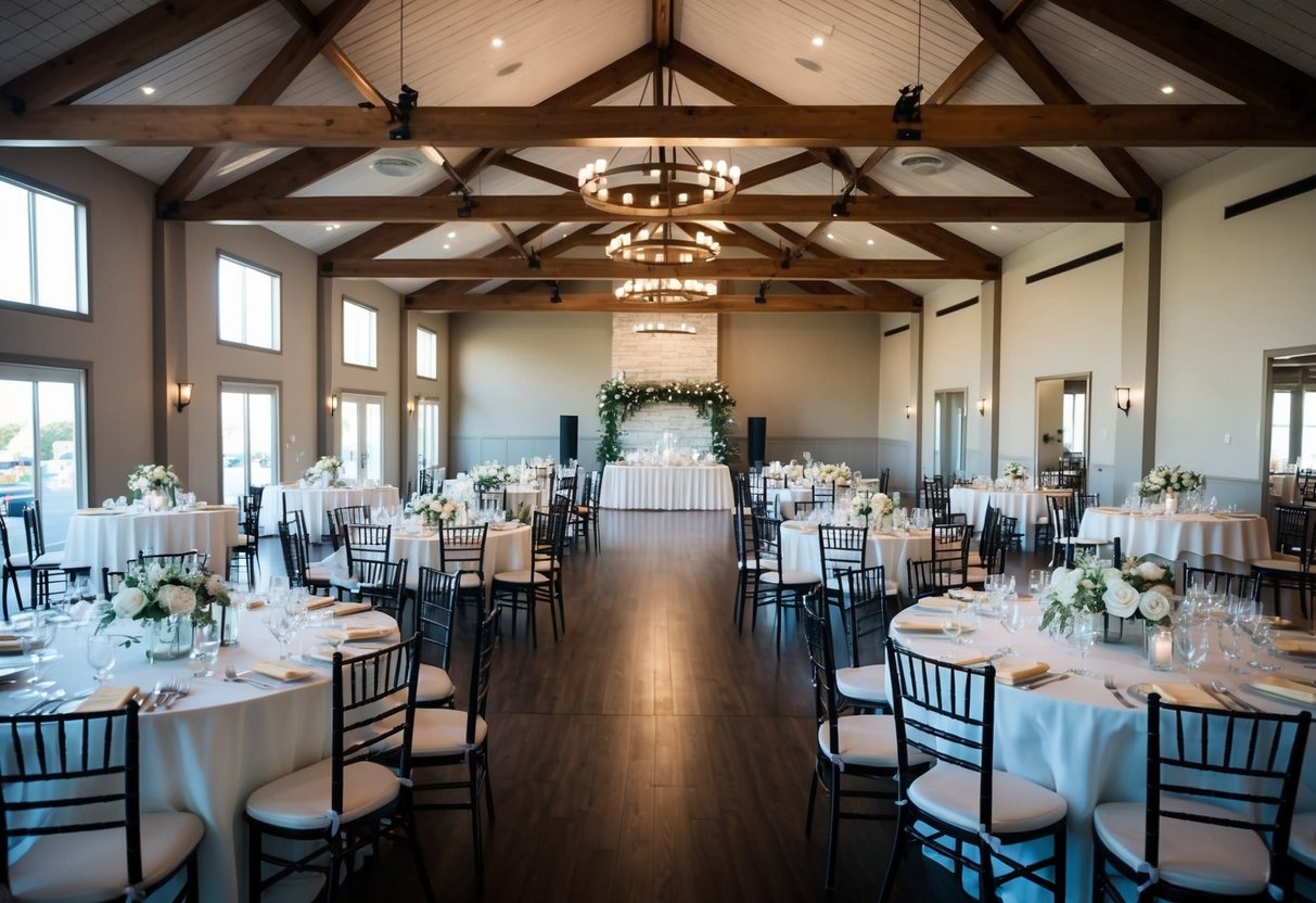 A wedding venue with seating for 100 guests, including tables, chairs, and space for dancing, with room for a ceremony and reception