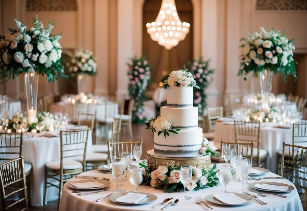A grand wedding venue with floral decorations, elegant table settings, and a stunning wedding cake as the centerpiece