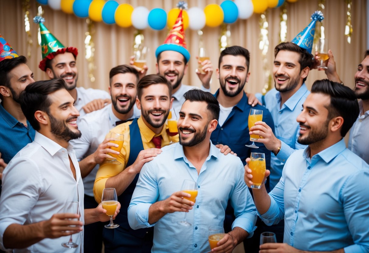 A group of men celebrating at a bachelor party, with drinks and music, surrounded by decorations and festive atmosphere