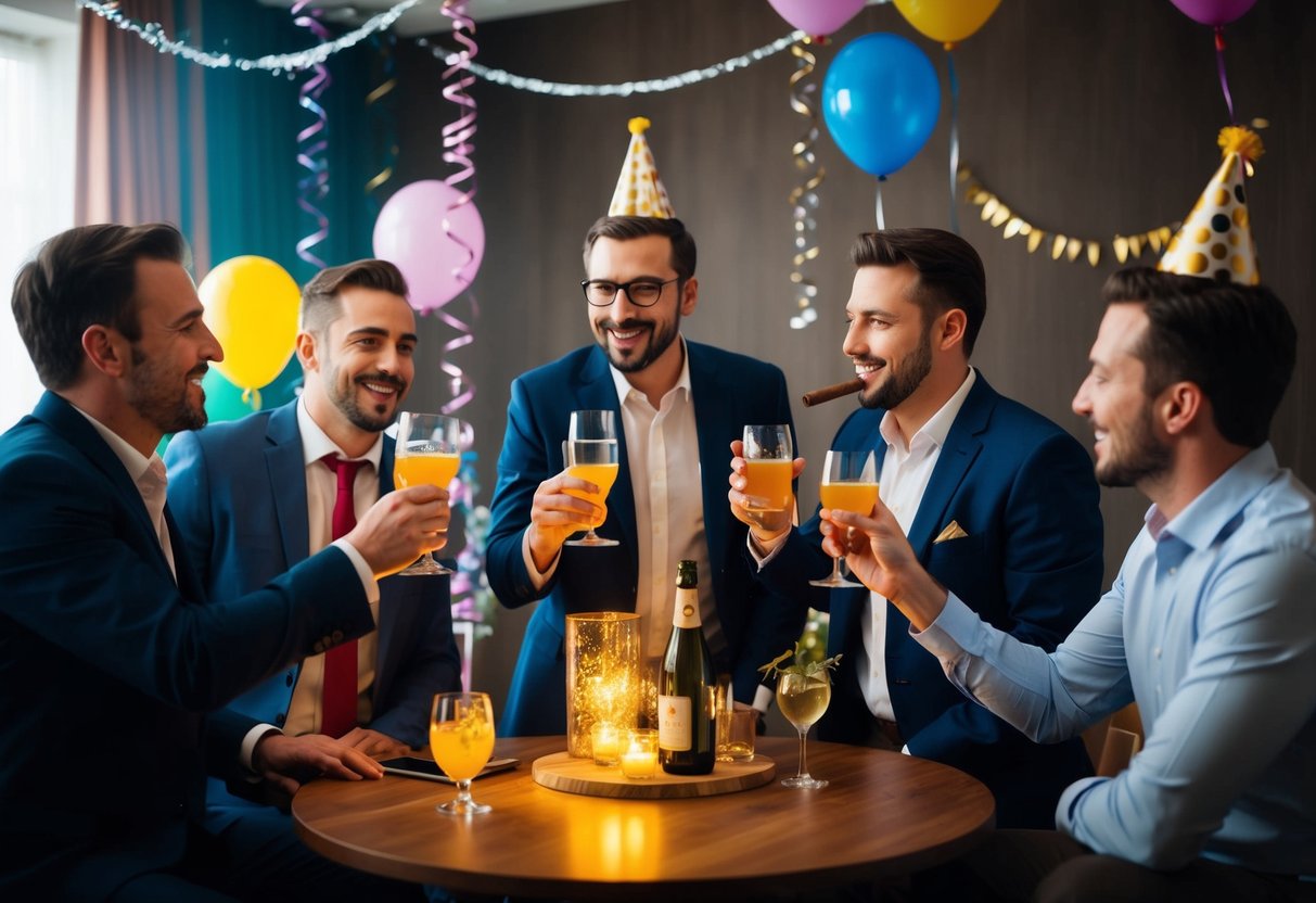 A group of men celebrating, with drinks and cigars, in a dimly lit room decorated with streamers and balloons