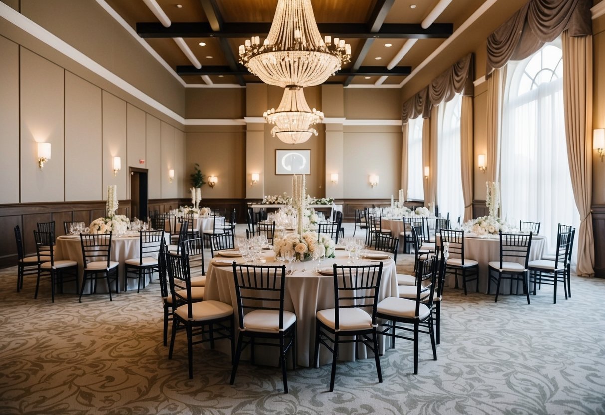 A spacious indoor venue with elegant decor and seating for 100 guests at a wedding