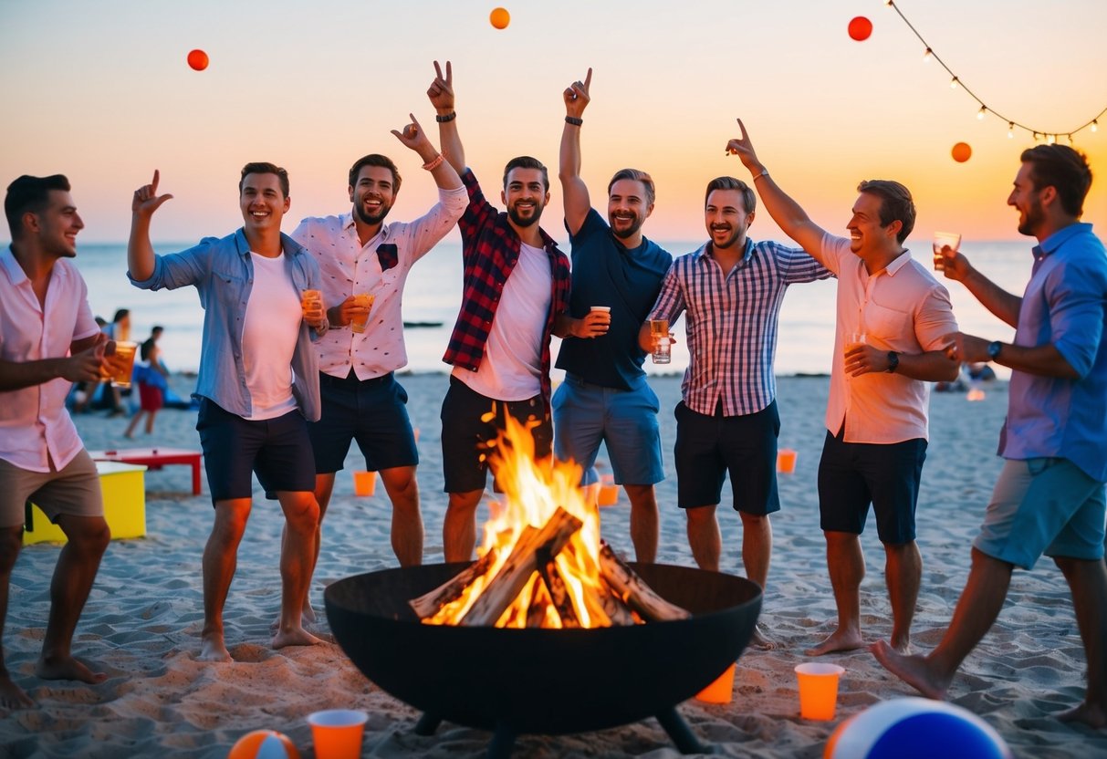 A group of men celebrating at a lively beach party with bonfires, music, and games