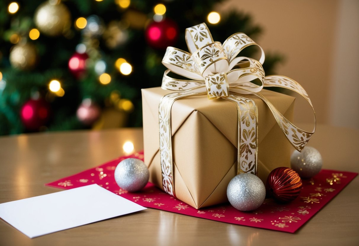 A beautifully wrapped wedding gift with a decorative bow, placed on a table next to a card and surrounded by festive decorations