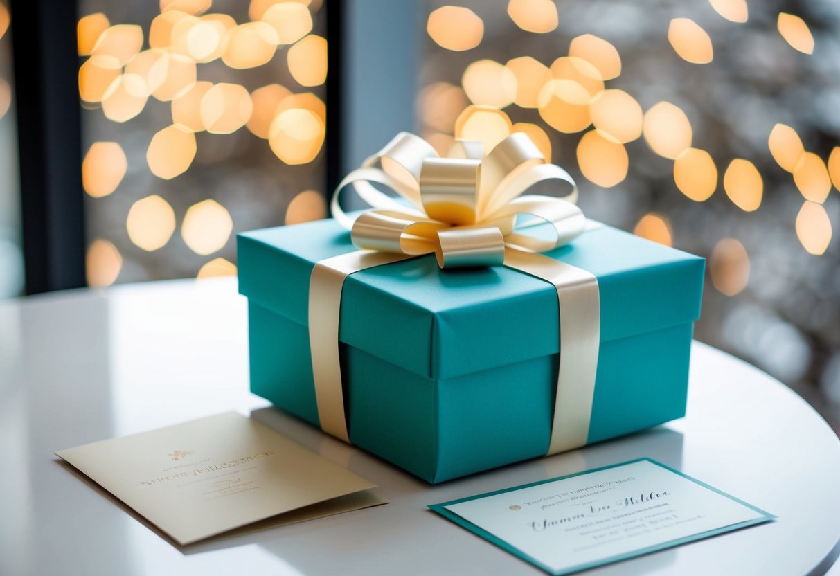A beautifully wrapped gift box with a bow, sitting on a table next to a wedding invitation and a card