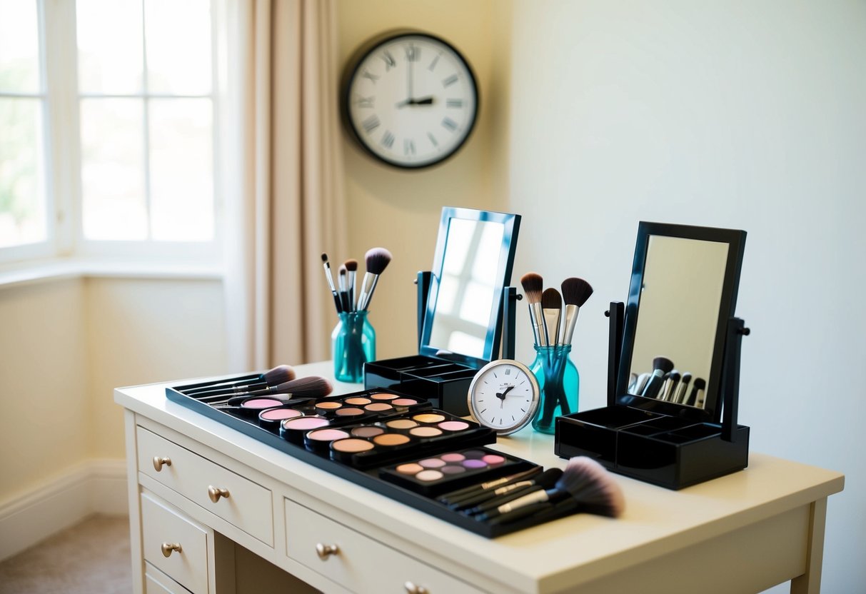 A makeup artist's table with brushes, palettes, and mirrors, set up in a softly lit room, with a clock showing the time before a wedding