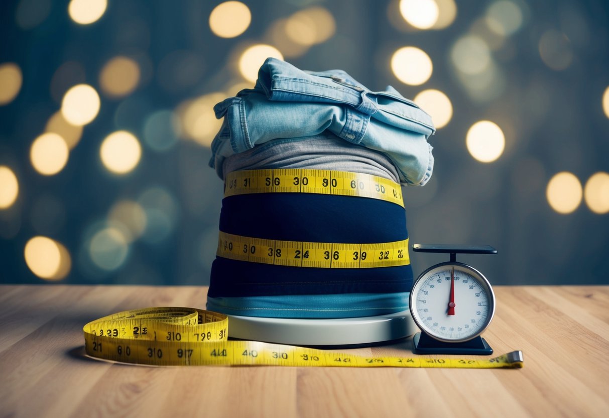 A tape measure wrapped around a slimming waist, a pile of discarded clothing too big, and a scale showing decreasing numbers
