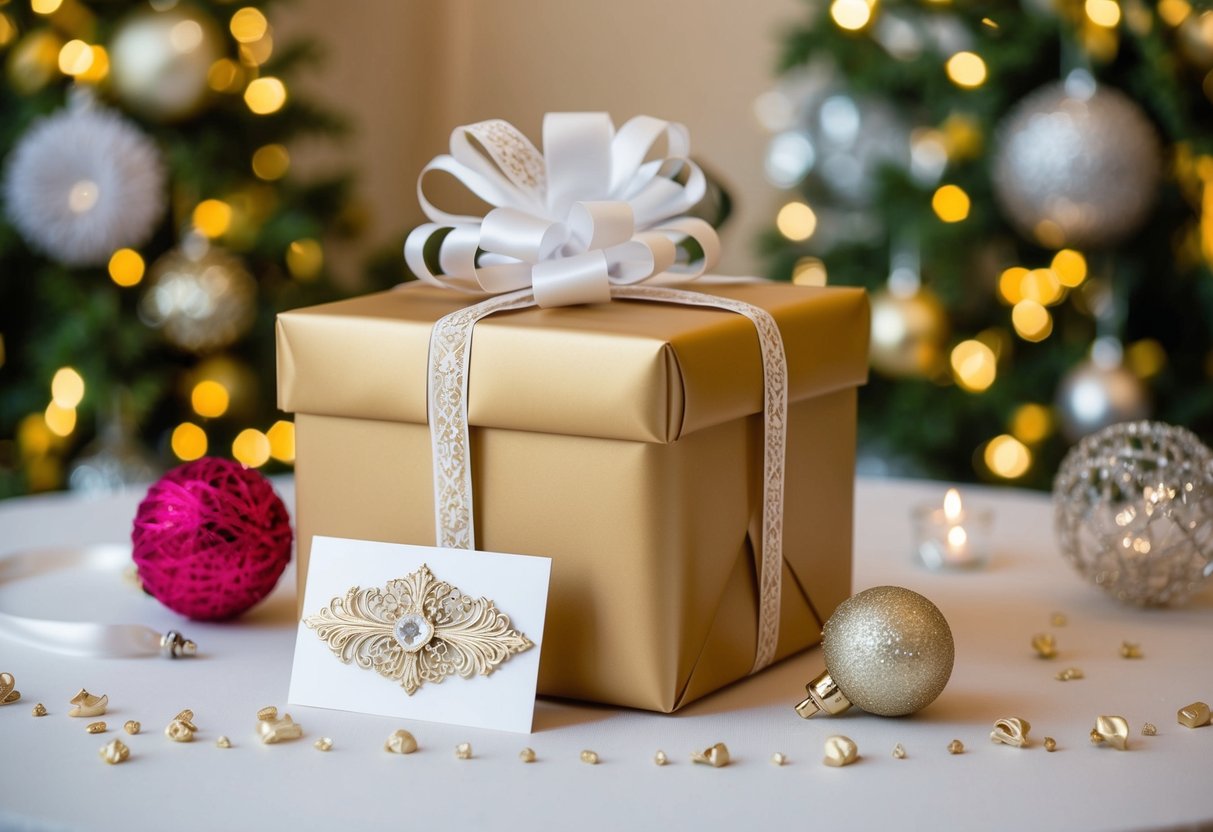A beautifully wrapped gift box sitting on a table with a decorative card next to it, surrounded by festive wedding decorations
