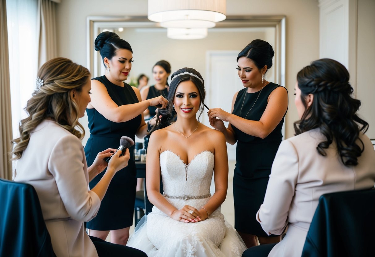 A bride sits in a well-lit room, surrounded by makeup artists and hairstylists, as they work on her look for the upcoming wedding