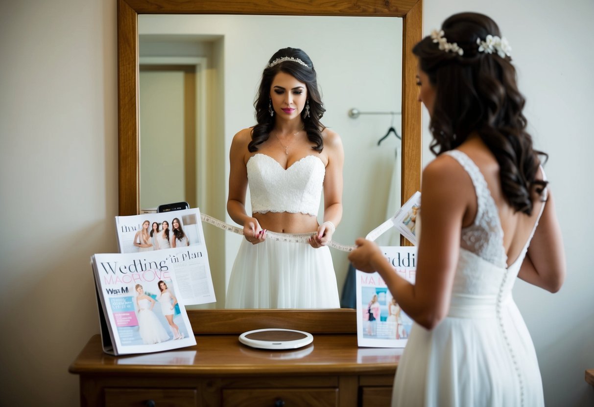 A bride stands in front of a mirror, surrounded by wedding magazines and a diet plan. She measures her waist and frowns at the number on the scale