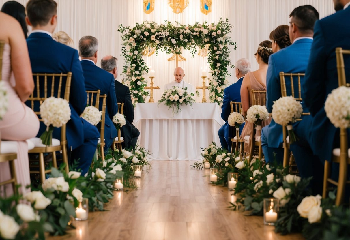 A wedding ceremony lasts about 30 minutes to an hour, with guests seated in rows facing an altar or ceremonial space adorned with flowers and decorative elements