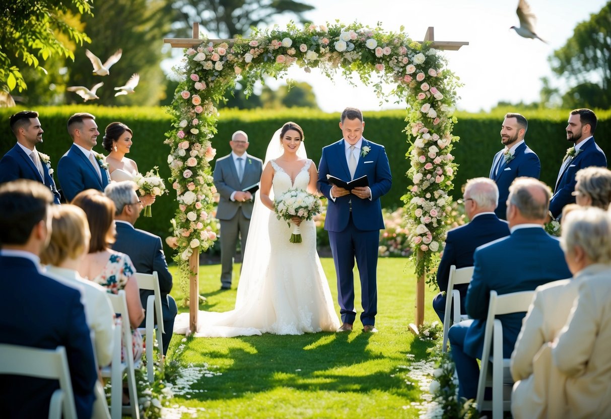 A bride and groom stand beneath a floral arch in a sunlit garden, surrounded by guests. An officiant leads the ceremony, as birds chirp in the background