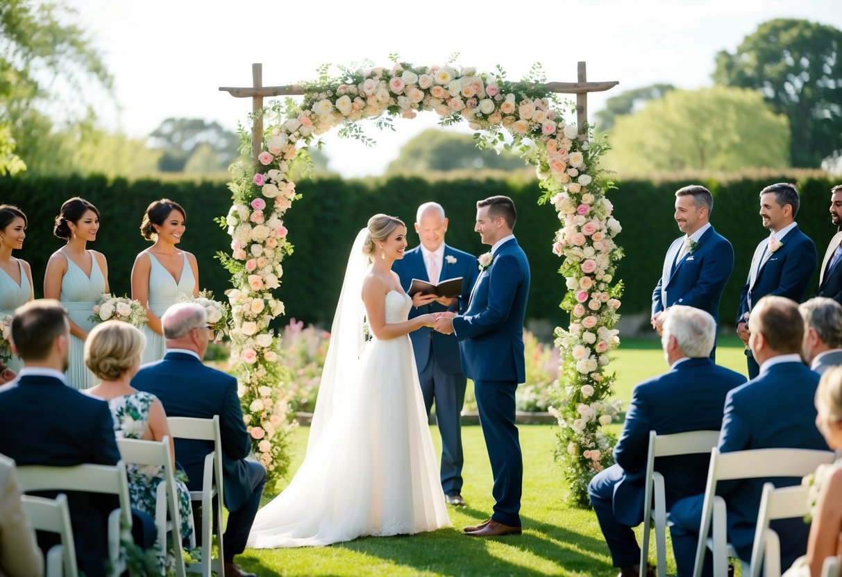 A bride and groom stand beneath a floral arch, exchanging vows as guests look on in a sunlit garden