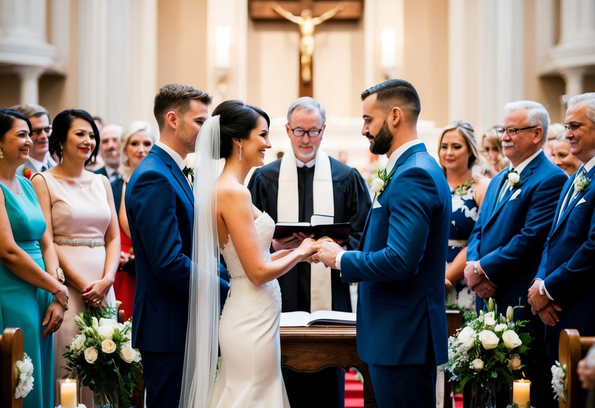 A bride and groom stand at the altar, surrounded by family and friends. The officiant leads the ceremony, as the couple exchanges vows and rings