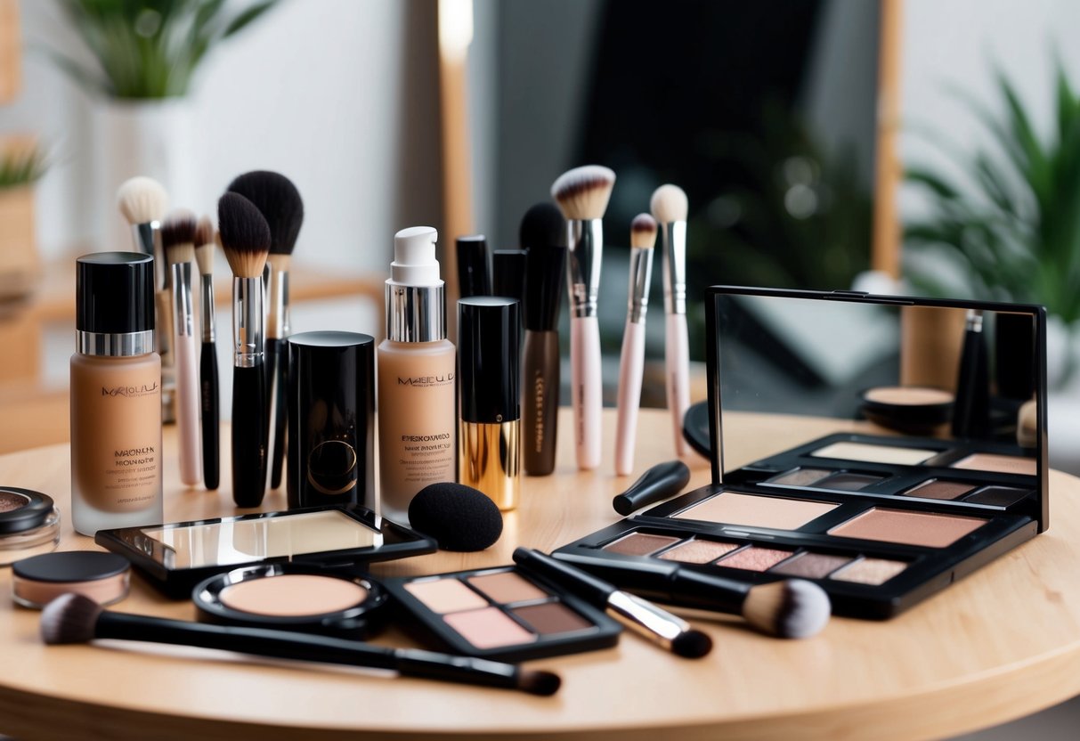 A table with a variety of makeup products and tools laid out, including foundation, eyeshadow palettes, brushes, and a mirror